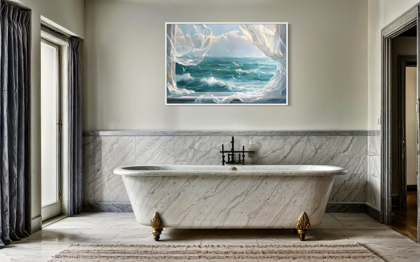 Ocean View From Window With Birds And Curtains Framed Canvas Wall Art, Coastal Wall Decor
