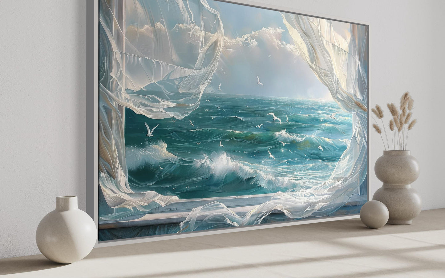 Ocean View From Window With Birds And Curtains Framed Canvas Wall Art, Coastal Wall Decor