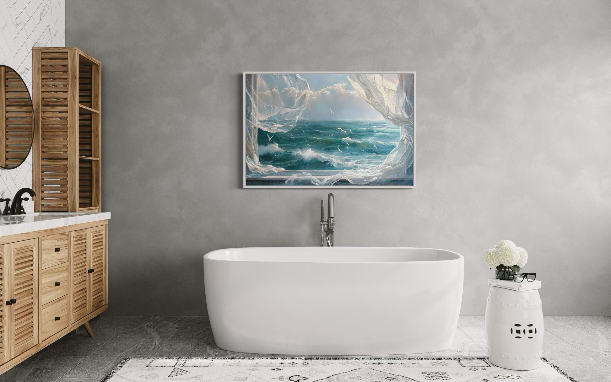 Ocean View From Window With Birds And Curtains Framed Canvas Wall Art, Coastal Wall Decor