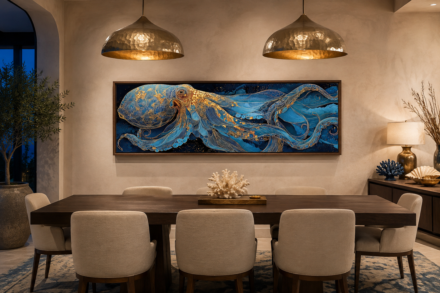 Octopus Horizontal Canvas Wall Art – Nautical Blue Ocean Decor | Coastal Living Room Art