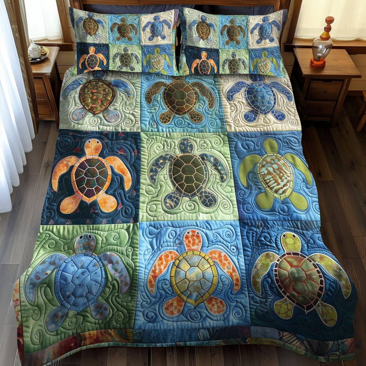 Single (59'' x 70'') /Oceanic Turtle Dream 3-Piece Quilted Bedding Set