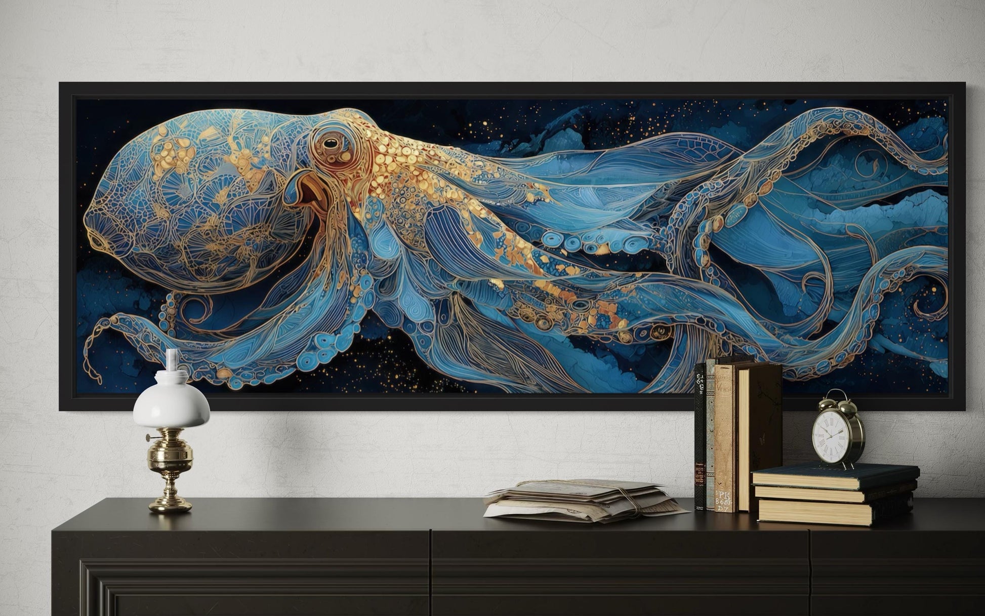 Octopus Horizontal Canvas Wall Art – Nautical Blue Ocean Decor | Coastal Living Room Art