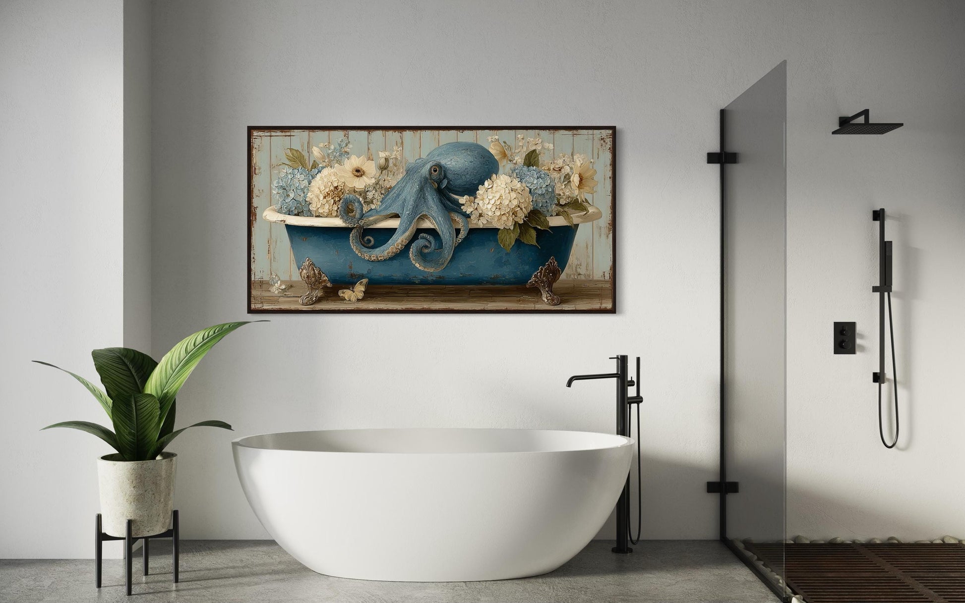 Octopus In Bathtub With Flowers Canvas Wall Art