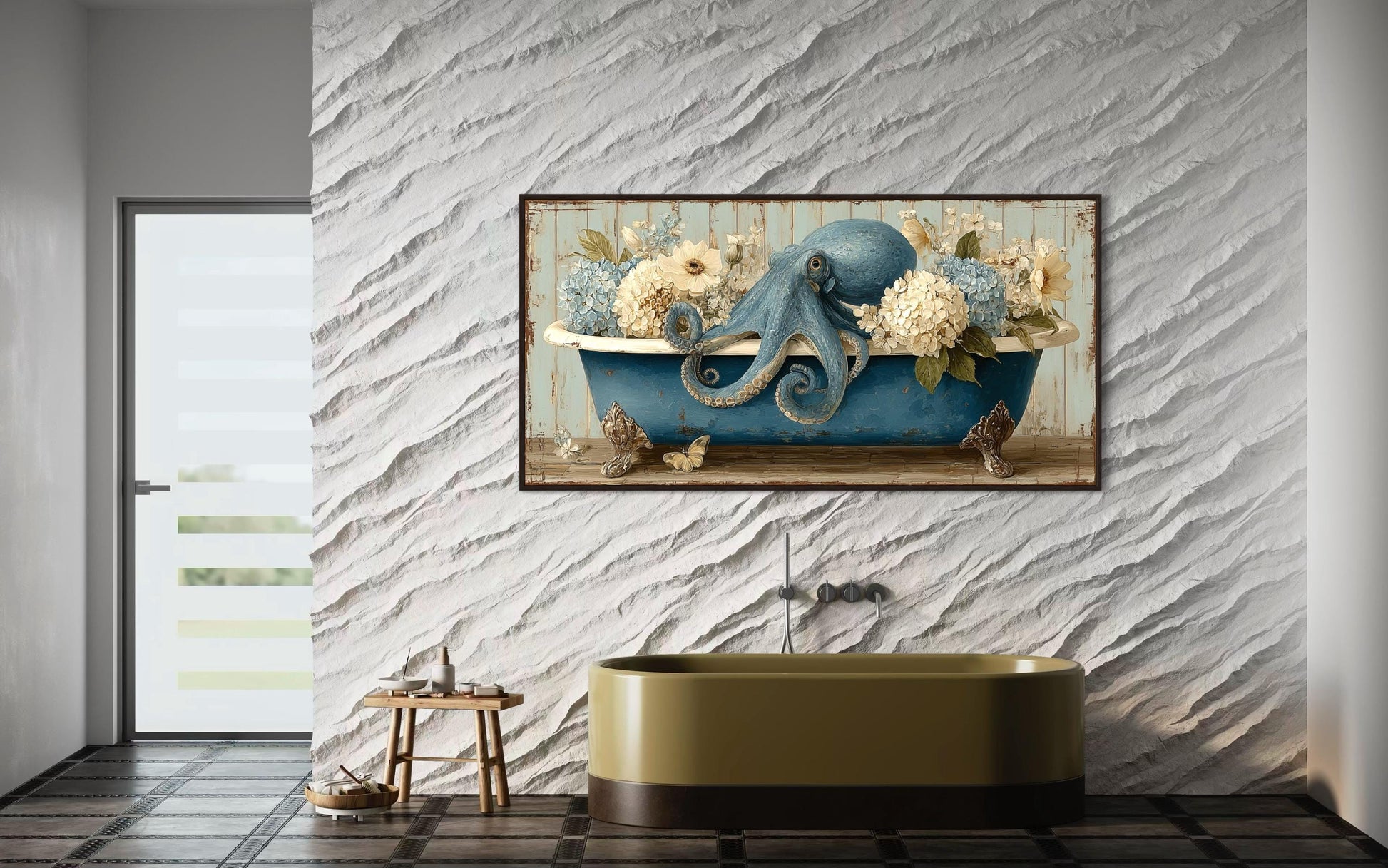 Octopus In Bathtub With Flowers Canvas Wall Art