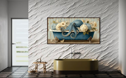 Octopus In Bathtub With Flowers Canvas Wall Art