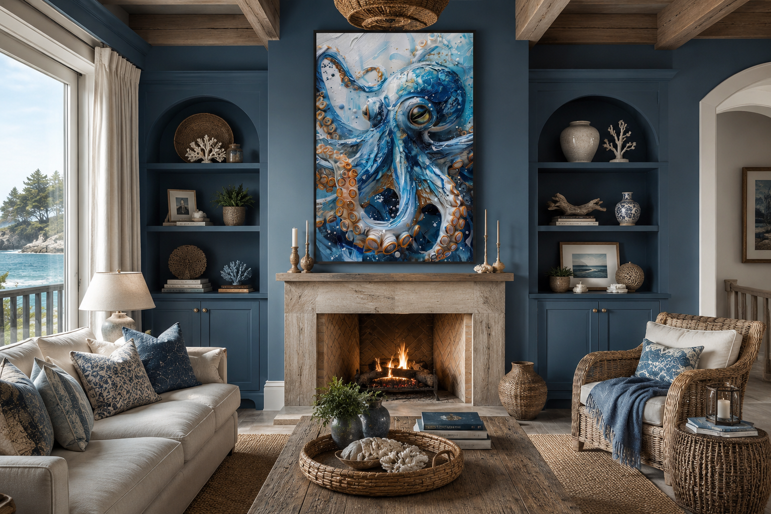 Blue Octopus - Coastal Framed Canvas Wall Art for Beach House Wall Decor