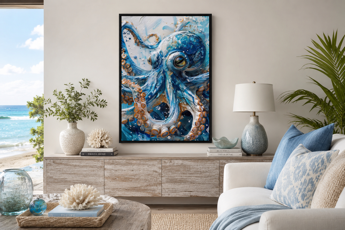 Blue Octopus - Coastal Framed Canvas Wall Art for Beach House Wall Decor