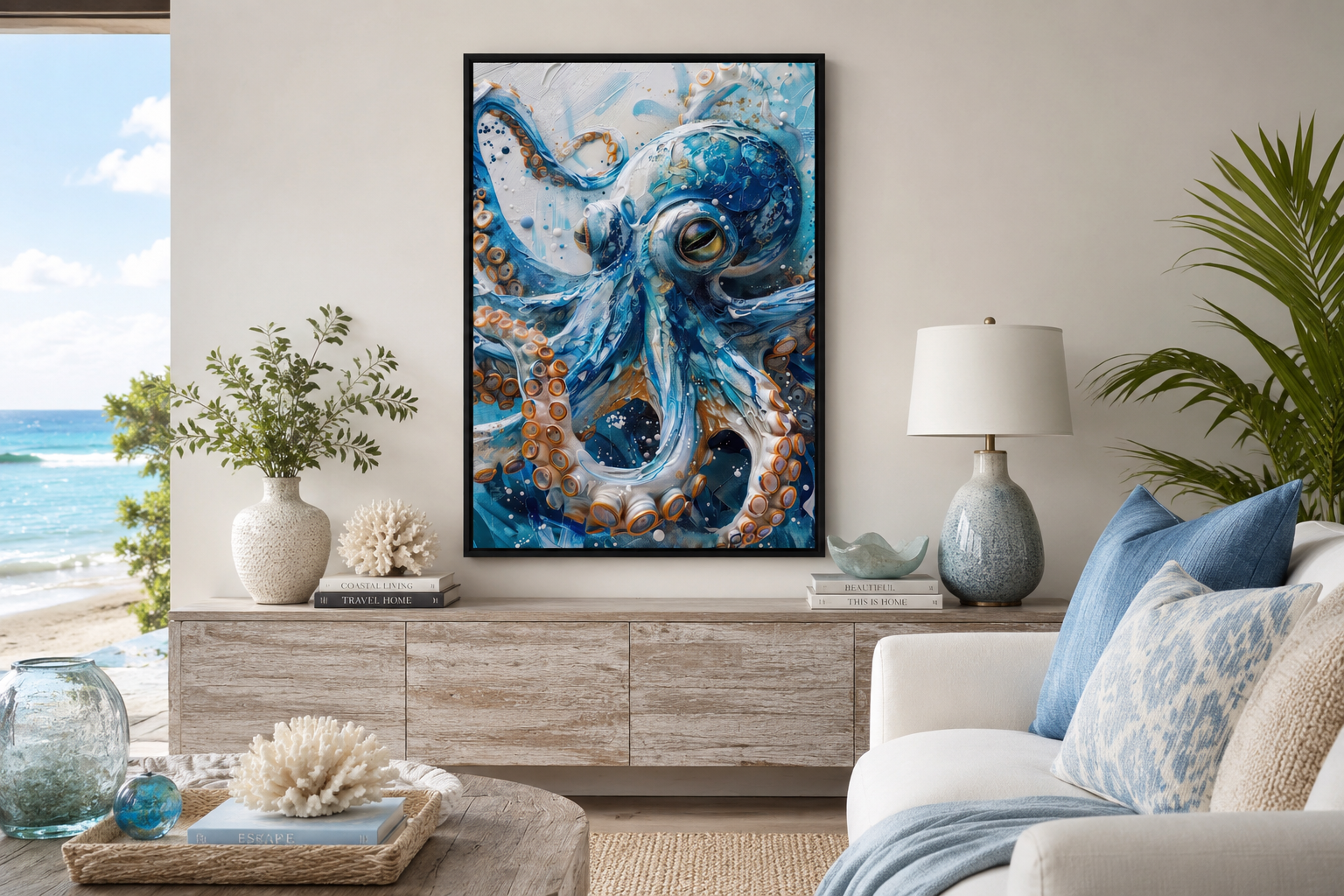 Blue Octopus - Coastal Framed Canvas Wall Art for Beach House Wall Decor