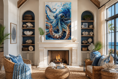 Blue Octopus - Coastal Framed Canvas Wall Art for Beach House Wall Decor