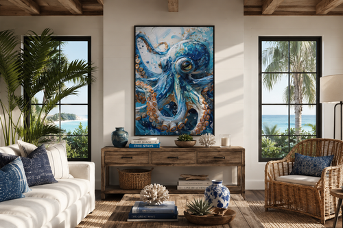 Blue Octopus - Coastal Framed Canvas Wall Art for Beach House Wall Decor