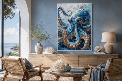 Blue Octopus - Coastal Framed Canvas Wall Art for Beach House Wall Decor