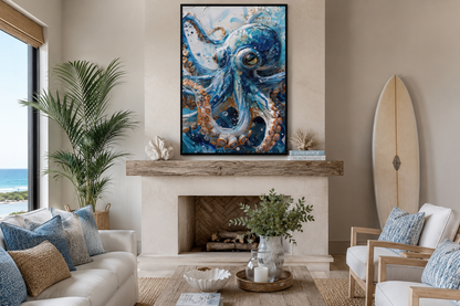 Blue Octopus - Coastal Framed Canvas Wall Art for Beach House Wall Decor