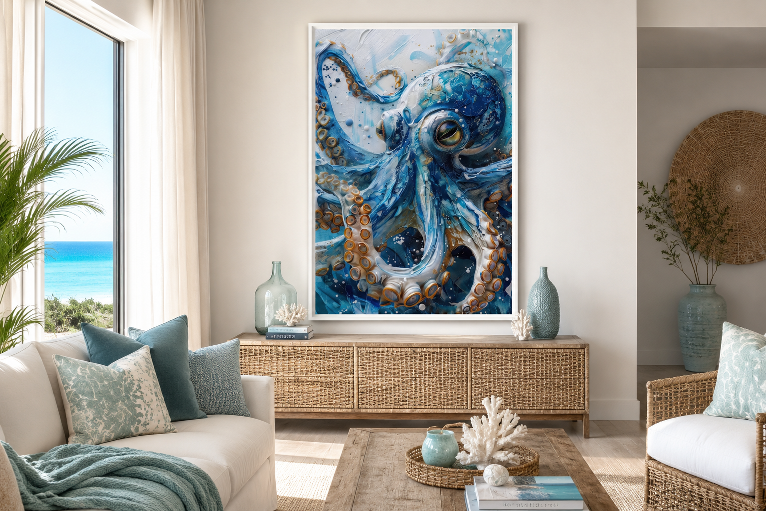 Blue Octopus - Coastal Framed Canvas Wall Art for Beach House Wall Decor