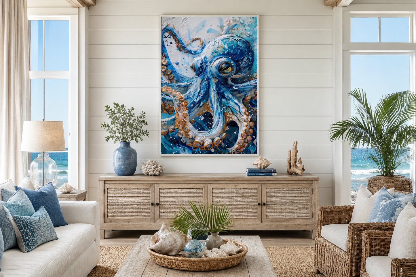 Blue Octopus - Coastal Framed Canvas Wall Art for Beach House Wall Decor