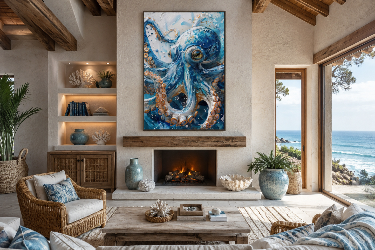 Blue Octopus - Coastal Framed Canvas Wall Art for Beach House Wall Decor