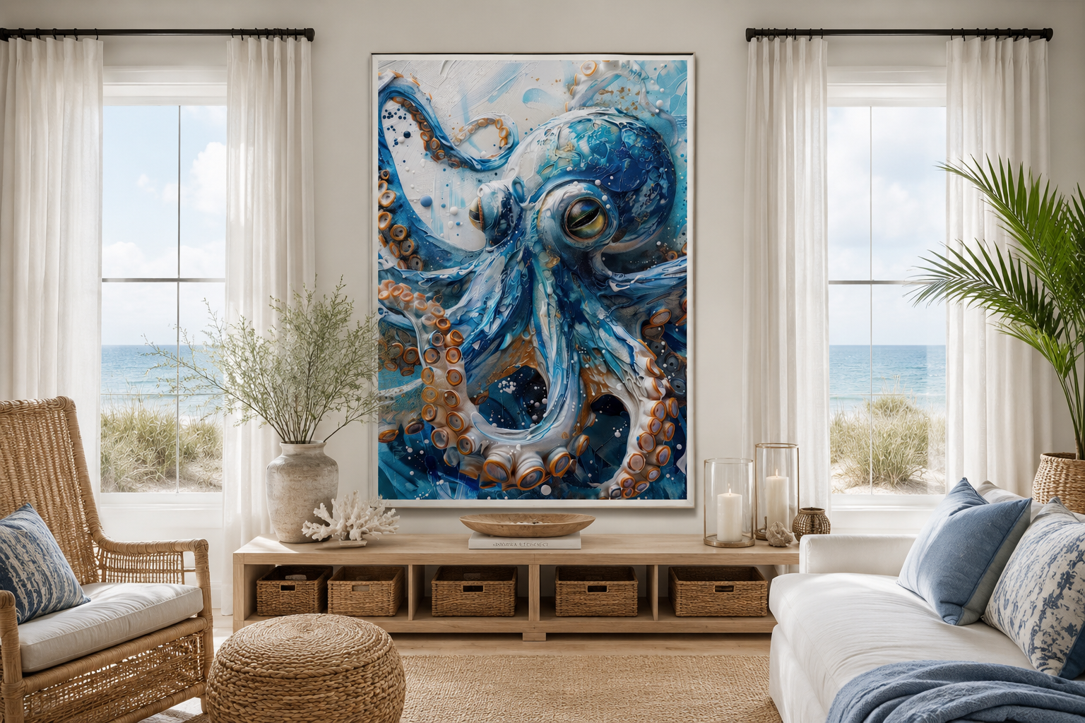 Blue Octopus - Coastal Framed Canvas Wall Art for Beach House Wall Decor