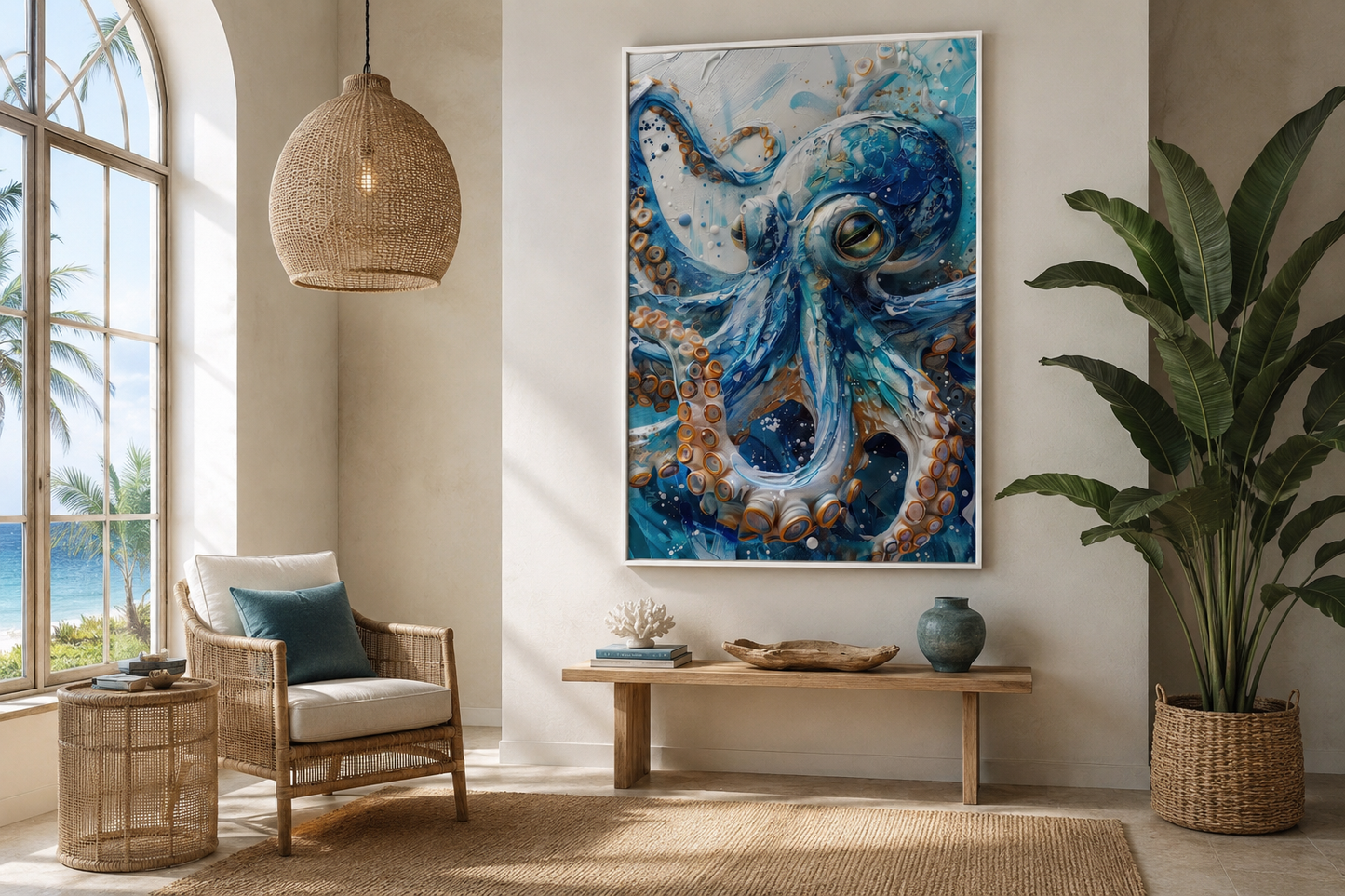 Blue Octopus - Coastal Framed Canvas Wall Art for Beach House Wall Decor