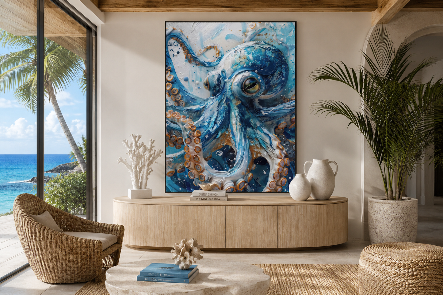 Blue Octopus - Coastal Framed Canvas Wall Art for Beach House Wall Decor