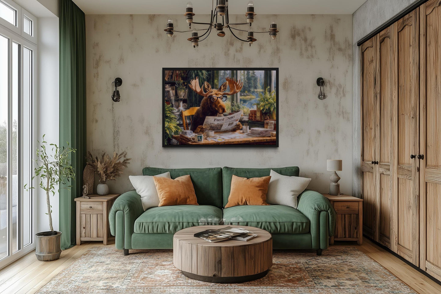 Office Moose Reading Newspaper Framed Canvas Wall Art