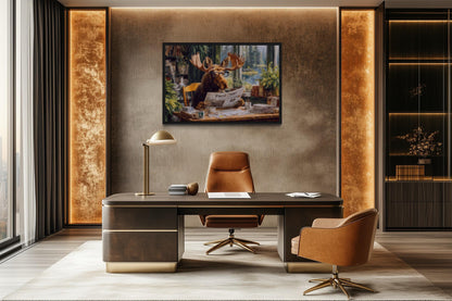 Office Moose Reading Newspaper Framed Canvas Wall Art