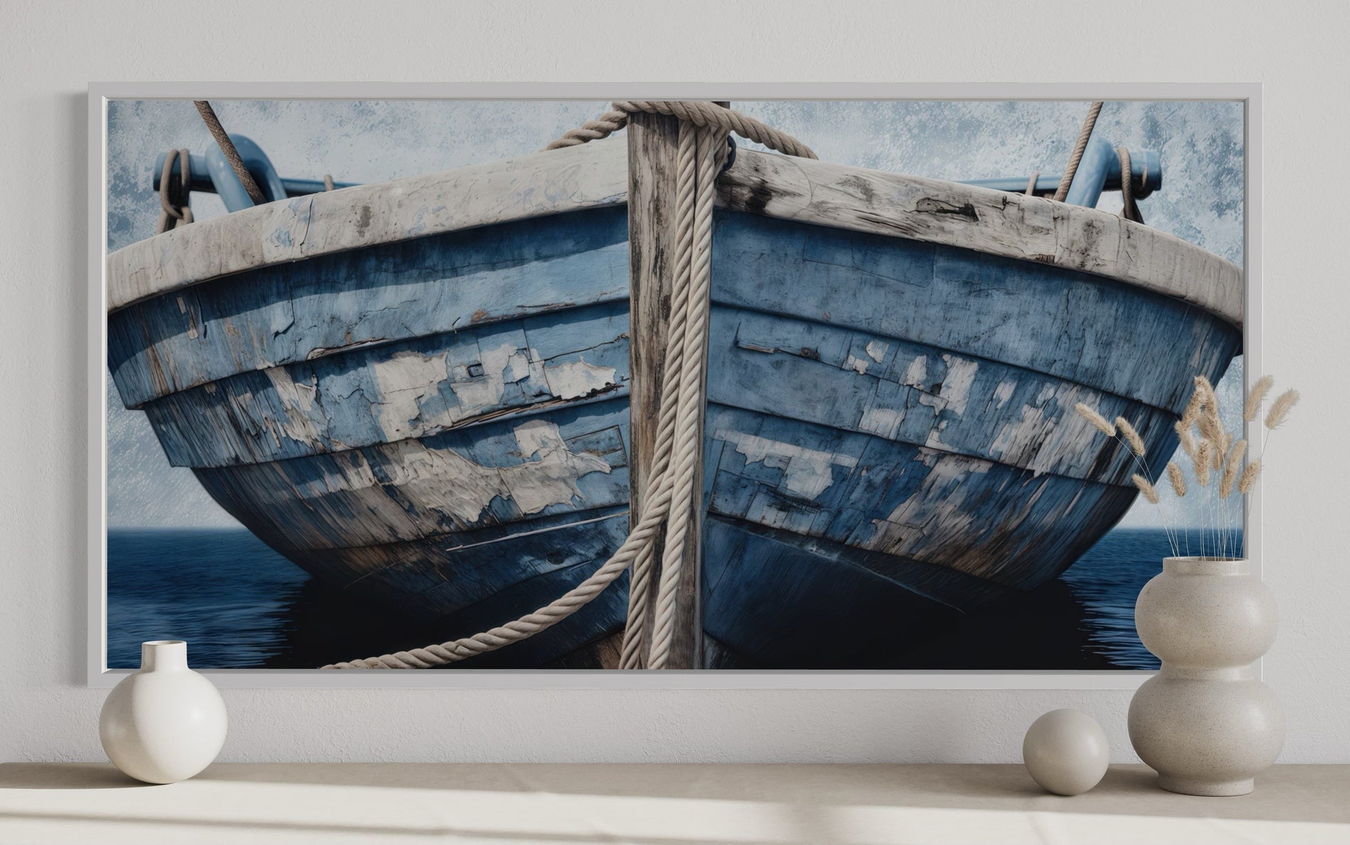 Old Blue White Rustic Boat Nautical Framed Canvas Wall Art For Beach House Decor