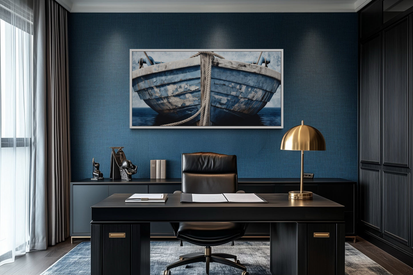 Old Blue White Rustic Boat Nautical Framed Canvas Wall Art For Beach House Decor