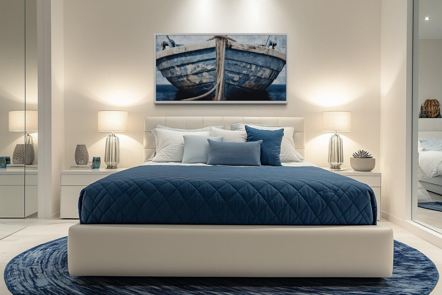 Old Blue White Rustic Boat Nautical Framed Canvas Wall Art For Beach House Decor