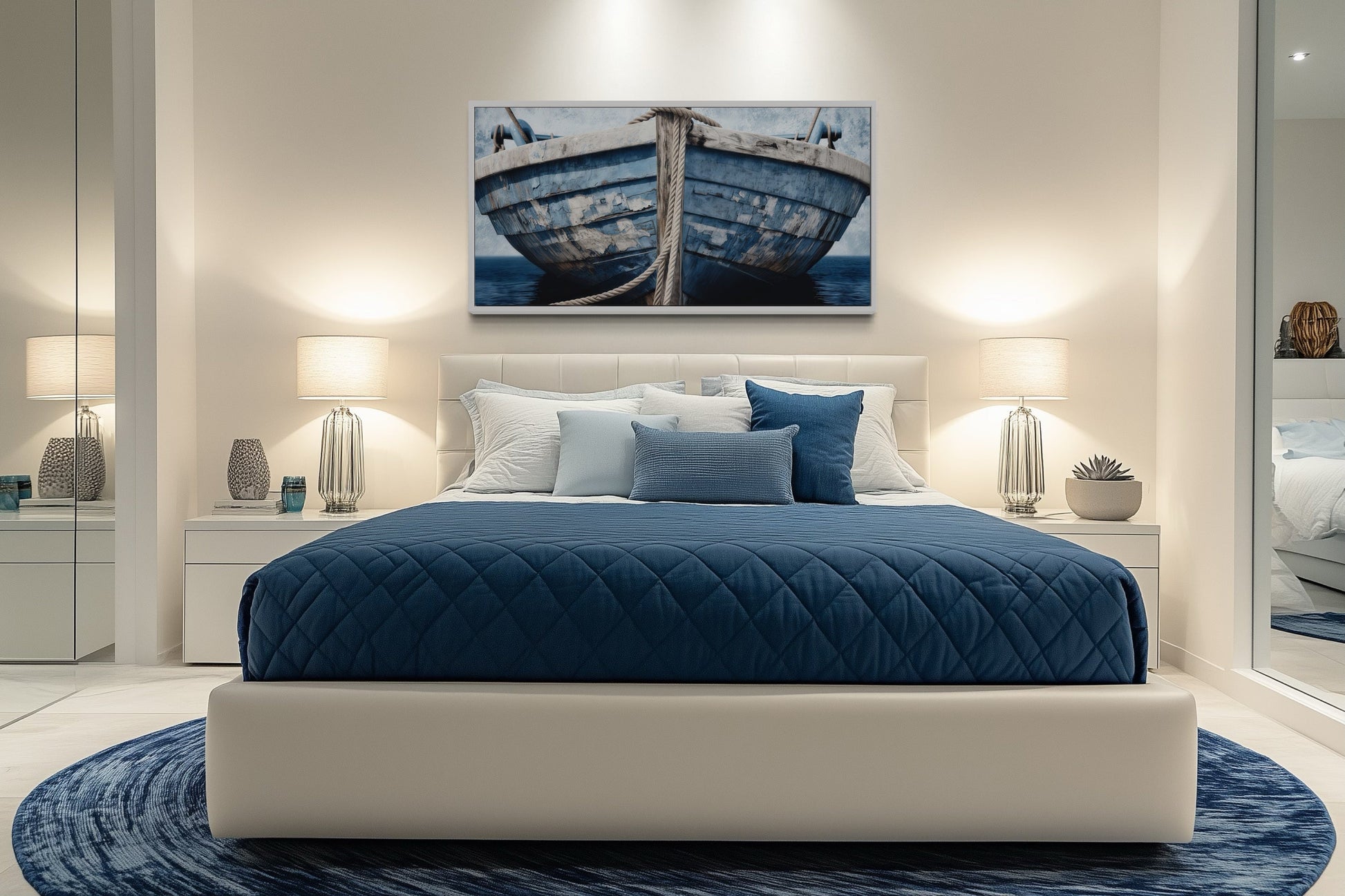 Old Blue White Rustic Boat Nautical Framed Canvas Wall Art For Beach House Decor