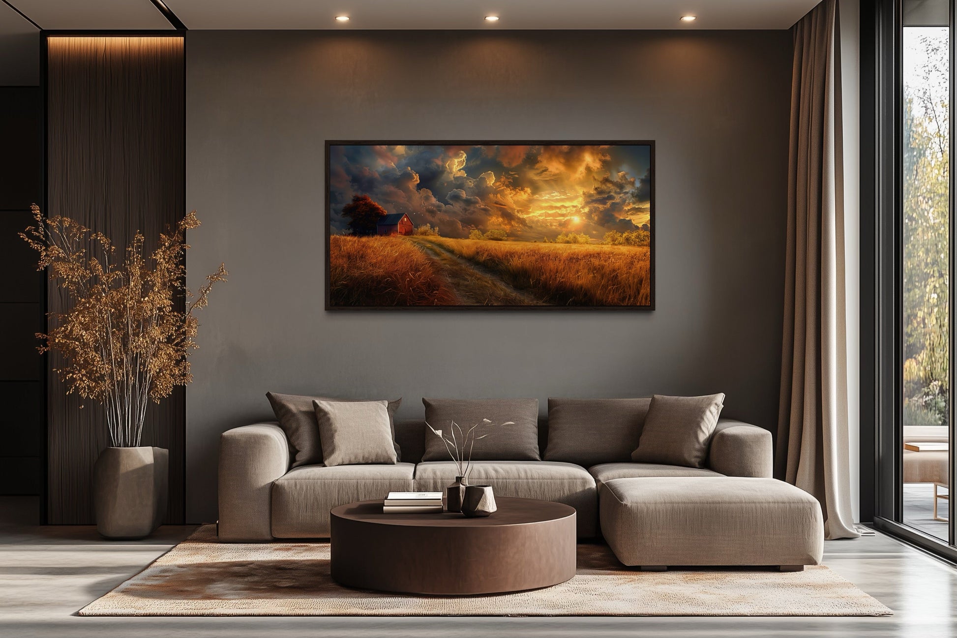 Old Red Barn In Autumn Sunset Framed Farmhouse Canvas Wall Art