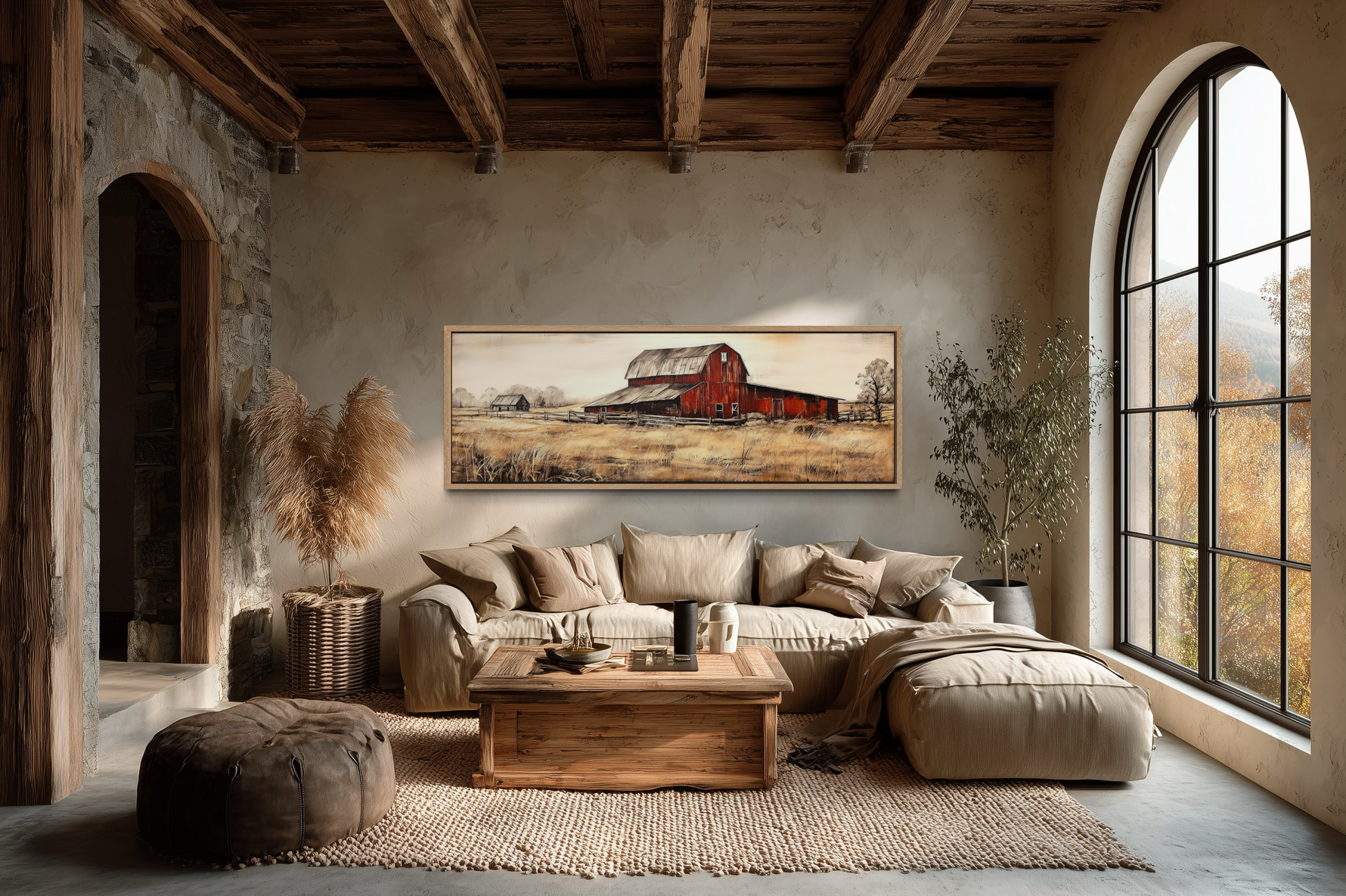 Old Red Barn Rustic Painting on Wood Horizontal Framed Canvas Wall Art