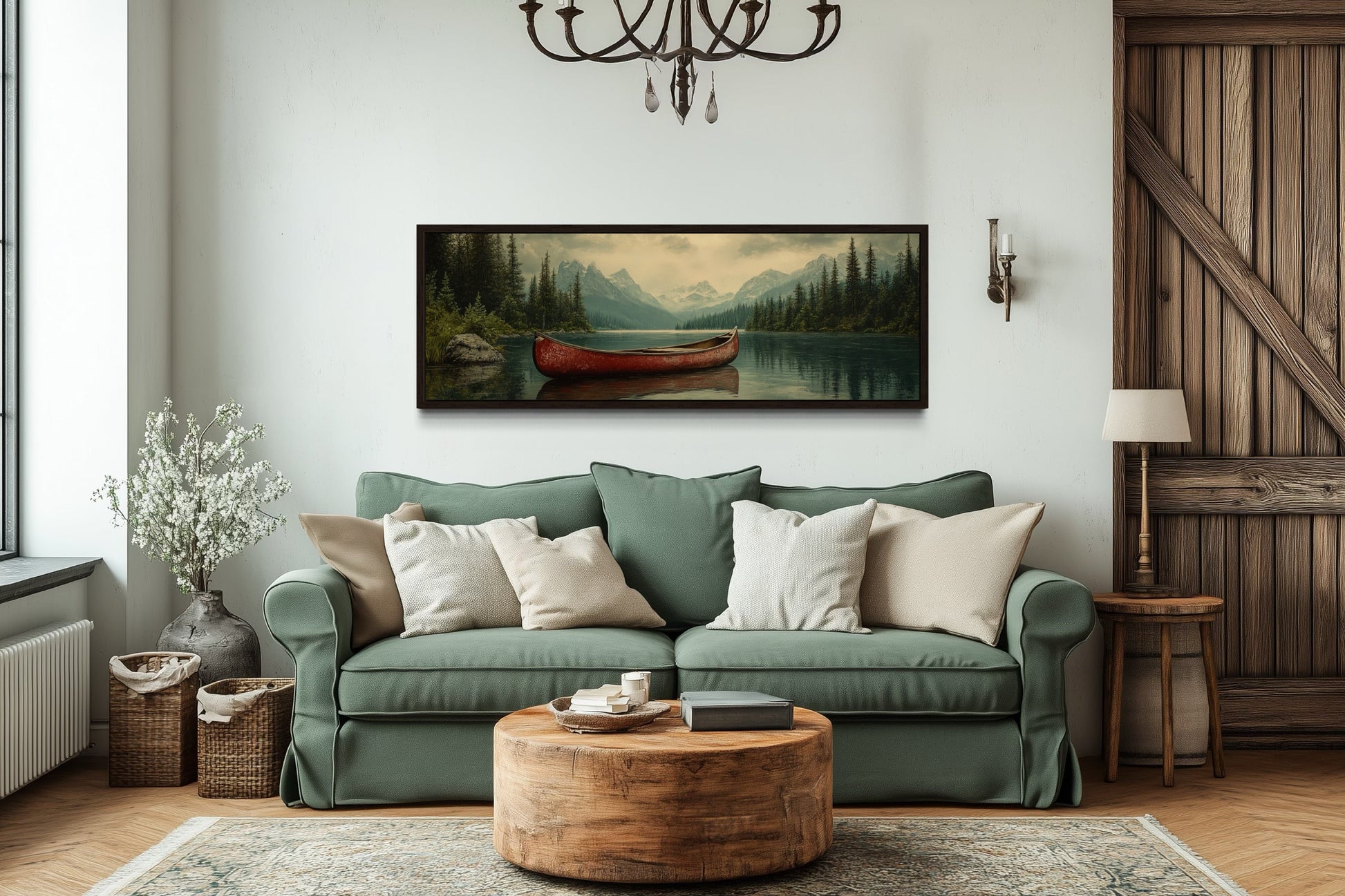 Old Red Canoe In The Lake Rustic Framed Canvas Wall Art