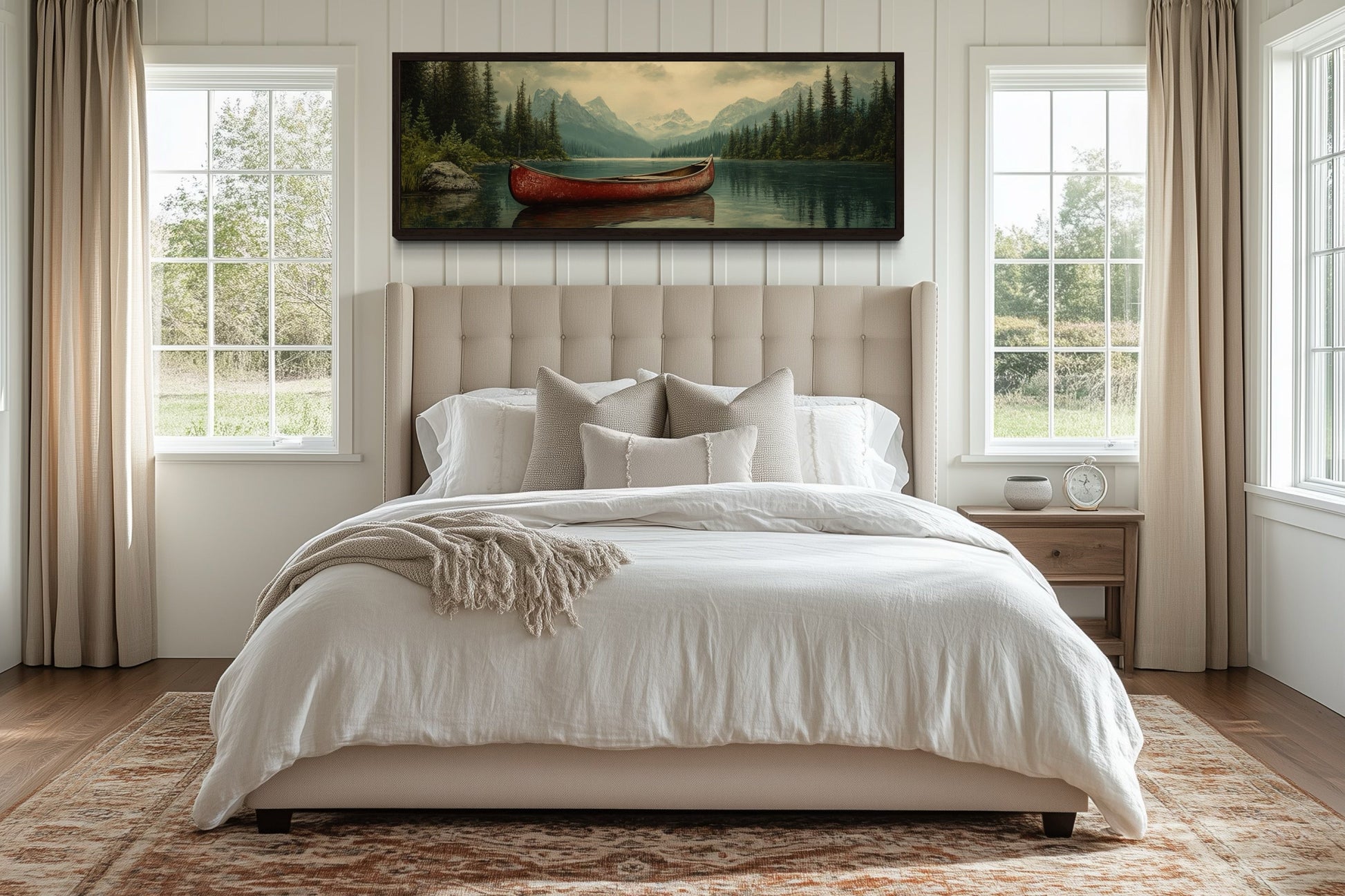 Old Red Canoe In The Lake Rustic Framed Canvas Wall Art