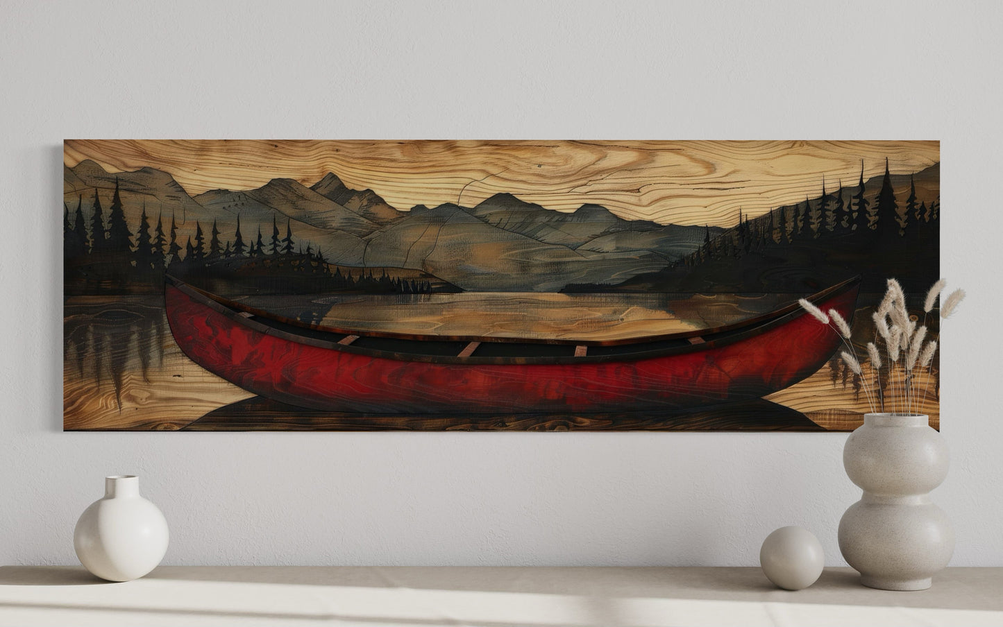 Old Red Canoe Painted On Wood Long Horizontal Framed Canvas Wall Art