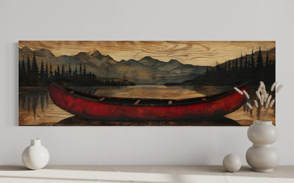 Old Red Canoe Painted On Wood Long Horizontal Framed Canvas Wall Art