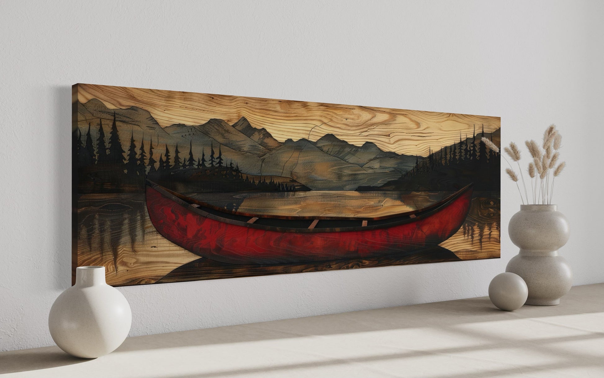 Old Red Canoe Painted On Wood Long Horizontal Framed Canvas Wall Art
