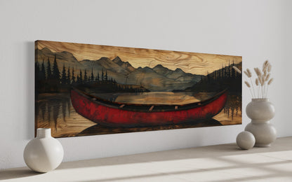 Old Red Canoe Painted On Wood Long Horizontal Framed Canvas Wall Art