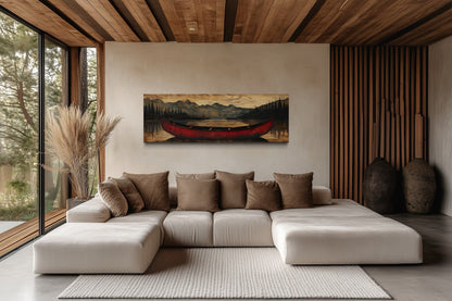 Old Red Canoe Painted On Wood Long Horizontal Framed Canvas Wall Art