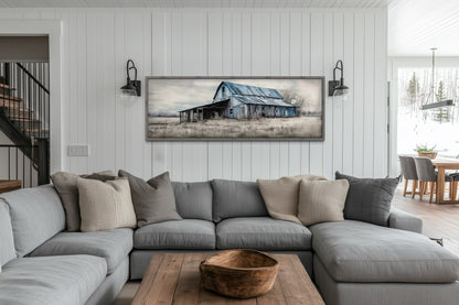 Old Rustic Blue Barn Painting On Wood Long Horizontal Framed Canvas Wall Art