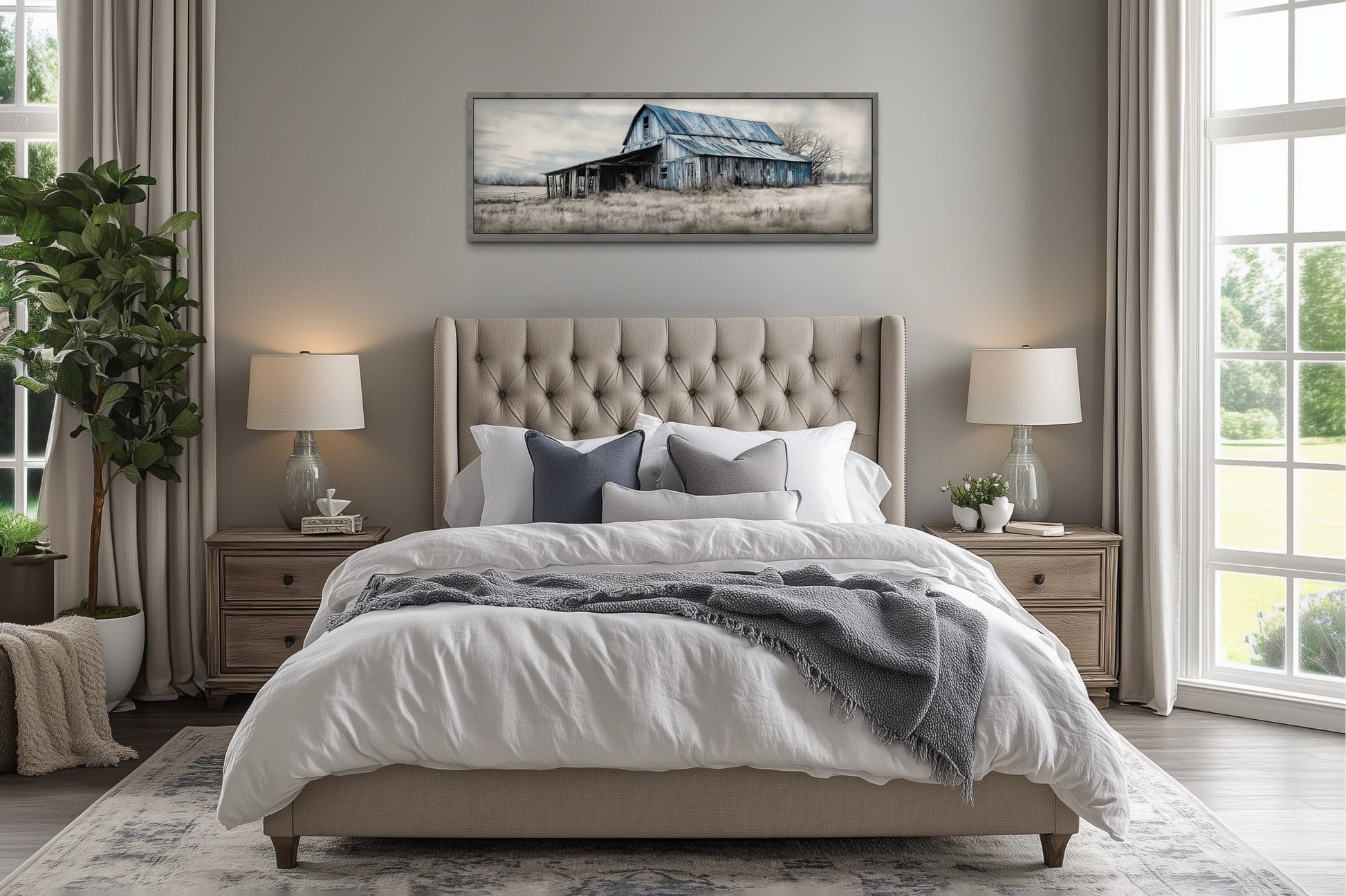 Old Rustic Blue Barn Painting On Wood Long Horizontal Framed Canvas Wall Art