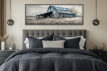 Old Rustic Blue Barn Painting On Wood Long Horizontal Framed Canvas Wall Art