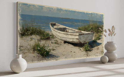 Old White Boat On The Beach Coastal Framed Canvas Wall Art