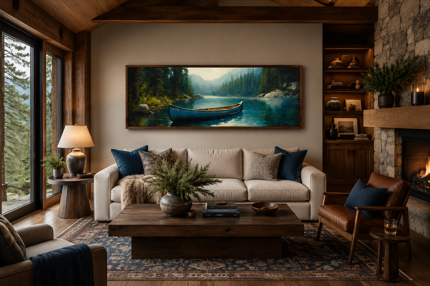Old Blue Canoe In The Lake Long Horizontal Framed Canvas Wall Art