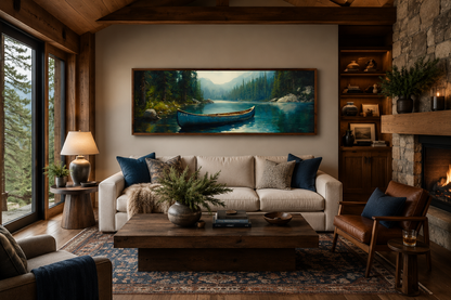 Old Blue Canoe In The Lake Long Horizontal Framed Canvas Wall Art