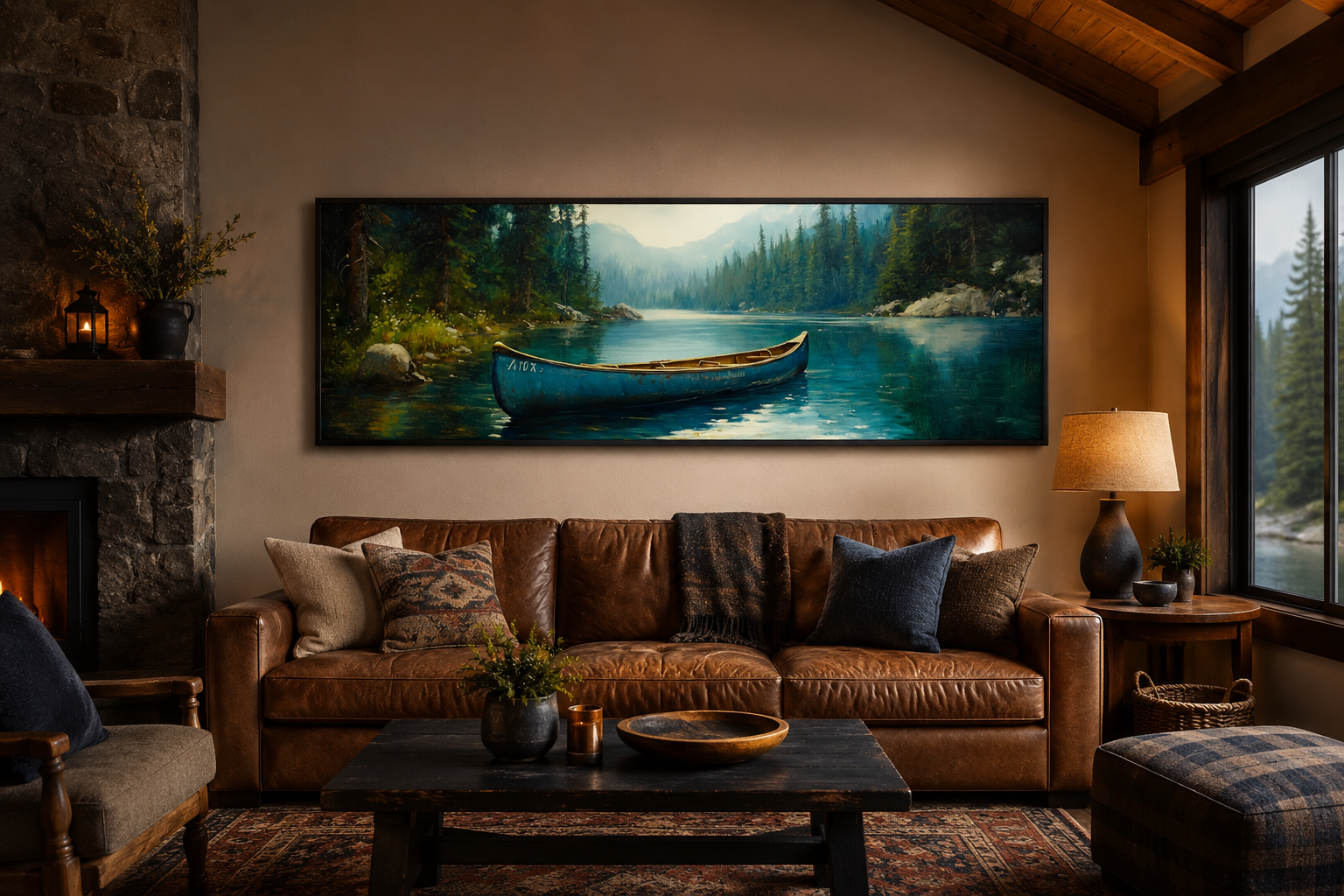 Old Blue Canoe In The Lake Long Horizontal Framed Canvas Wall Art