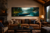 Old Blue Canoe In The Lake Long Horizontal Framed Canvas Wall Art