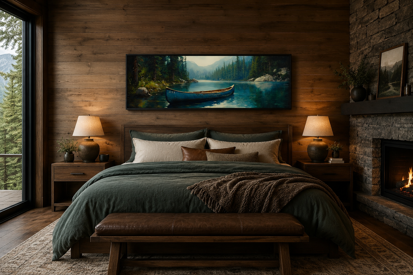Old Blue Canoe In The Lake Long Horizontal Framed Canvas Wall Art
