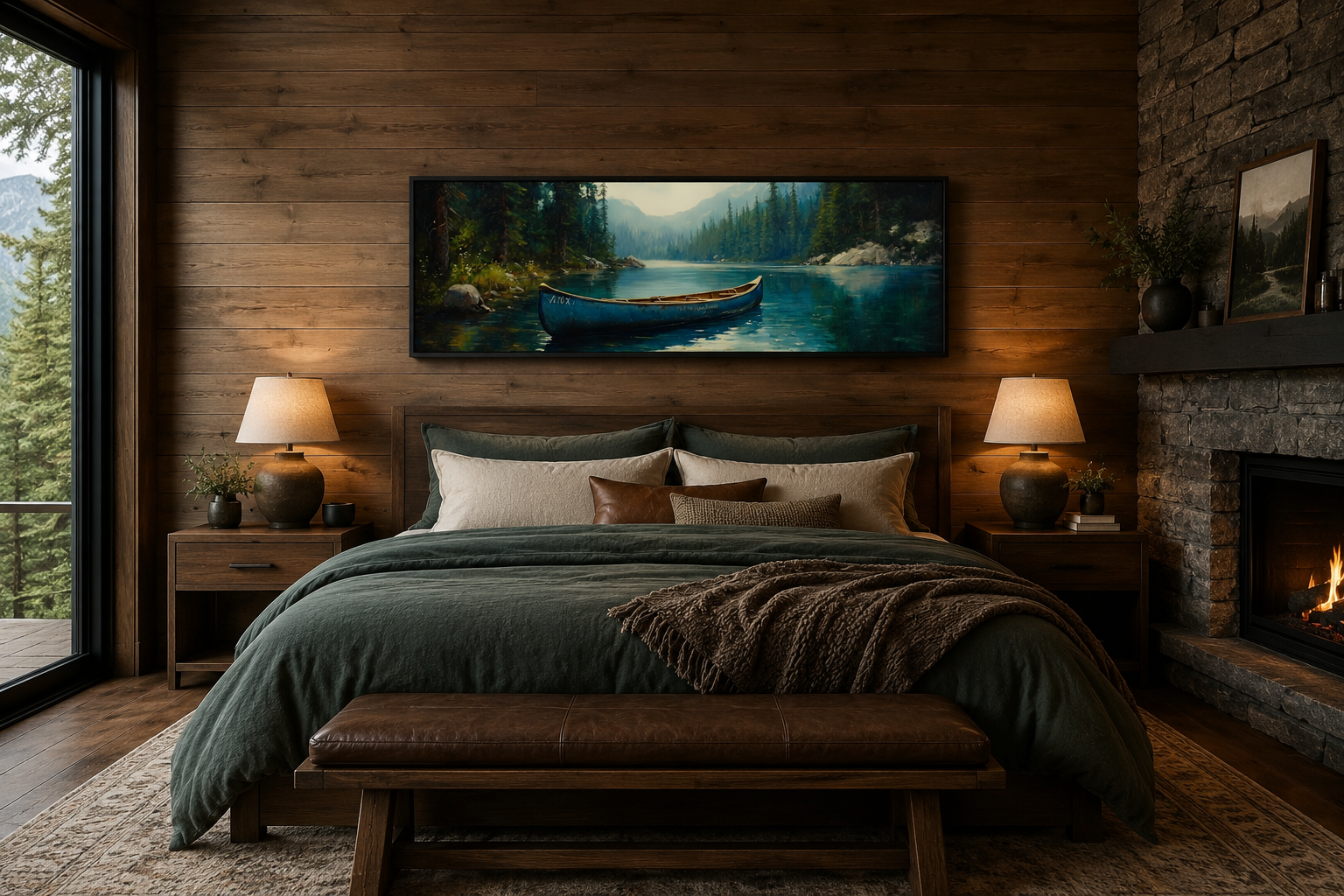 Old Blue Canoe In The Lake Long Horizontal Framed Canvas Wall Art