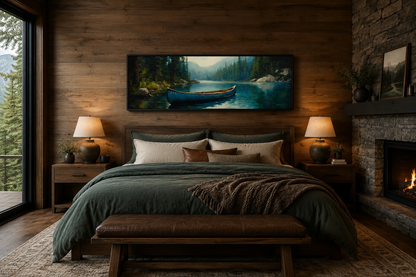 Old Blue Canoe In The Lake Long Horizontal Framed Canvas Wall Art