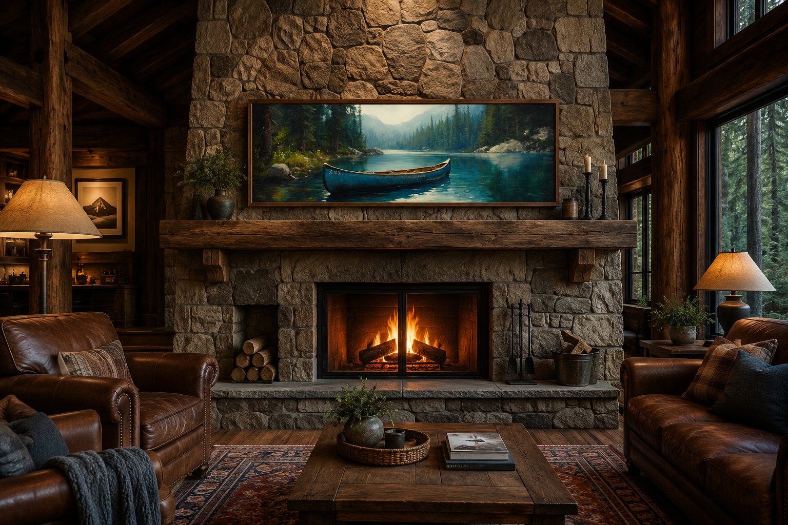 Old Blue Canoe In The Lake Long Horizontal Framed Canvas Wall Art