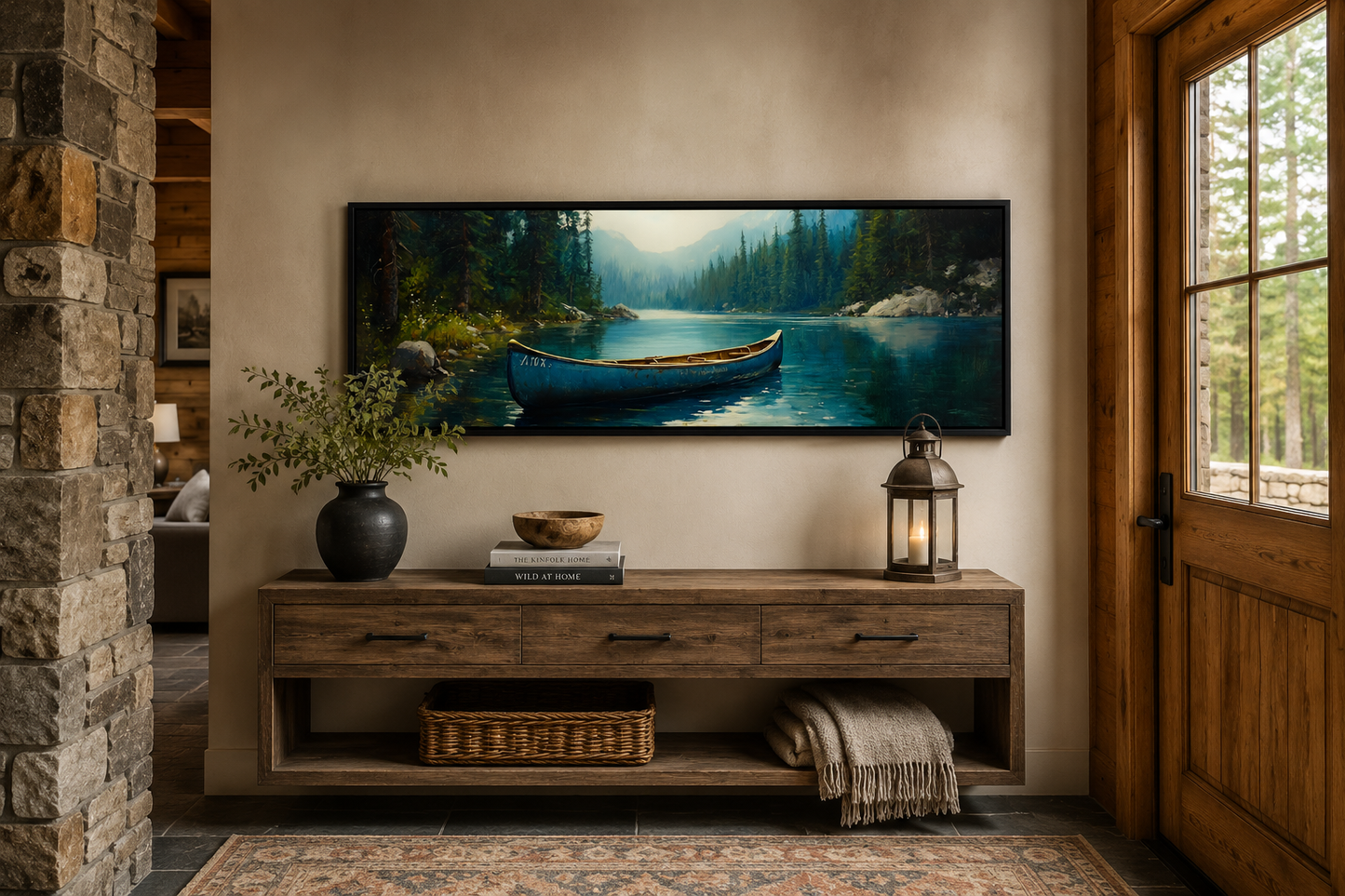 Old Blue Canoe In The Lake Long Horizontal Framed Canvas Wall Art